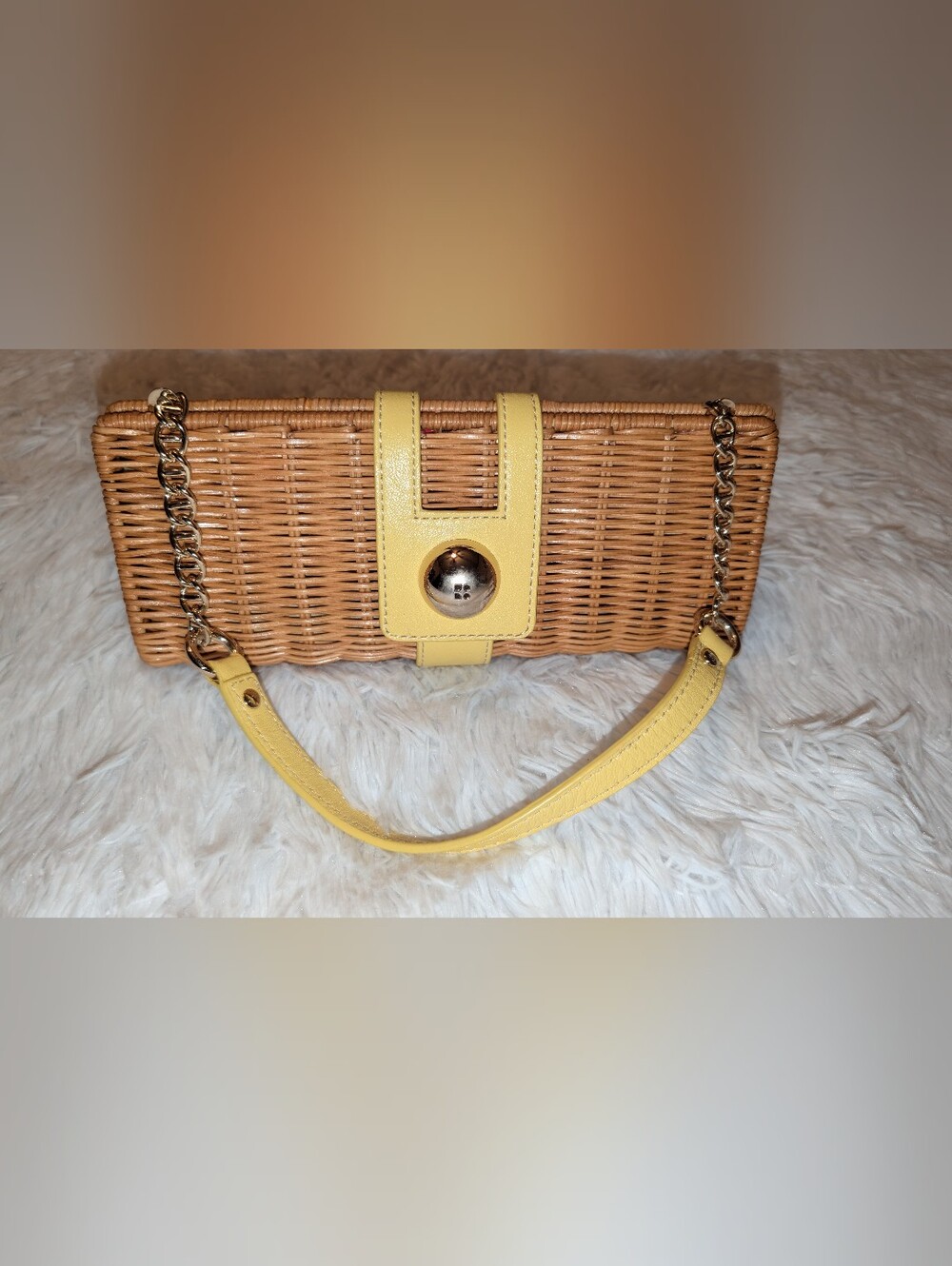 KATE SPADE Jude Cherbourg Wicker Leather Clutch Shoulder Bag Yellow Tan EUC